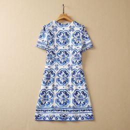 2023 Blue Paisley Blue and White Porcelain Print Beaded Cotton Dress Short Sleeve Round Neck Rhinestone Knee-Length Casual Dresses S3L070608