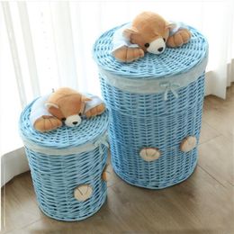 Small & Large laundry basket organizer woven wicker baskets Round Laundry Hamper Sorter Storage Basket with Bear Head Lid cesta LJ317U