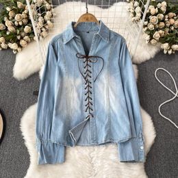 Women's Blouses Designer Denim T-Shirt For Women Lace-up V-neck Loose Lapel Pullover Jean Female Fashion Casual Tops Shirts