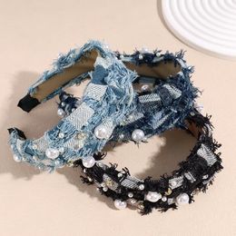 New Fashion Denim Headband For Adult Wide Side Pearls Turban Centre Knot Headwear Casual Hair Accessories