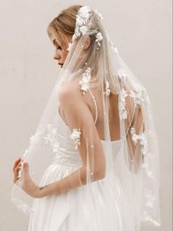 Bridal Veils V52 3d Flower 1 Tiers Wedding Veil Lace Appliques Pearls Beaded Waltz Length Accessories Bride 2023