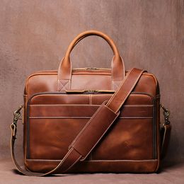 Briefcases LEATHFOCUS Men's Genuine Leather Briefcases Man Vintage Messenger Bag 15.6 Inches Laptop Handbag Business Office A4 Document Bag 230909