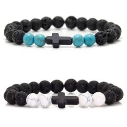 Black Lava Stone Beads Turquoise Cross Bracelet DIY Essential Oil Diffuser Bracelet Stretch Jewellery for women men