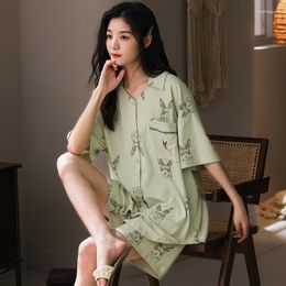 Women's Sleepwear Summer Women Pajamas Sets Girl Home Wear Short Sleeve Pijmas Suits For Sleeping Turn Down Collar Female Loungewear Top