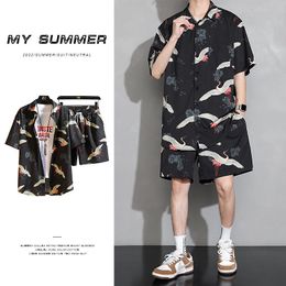 Men's Tracksuits Summer Ice Silk Sets Men Fashion Shortsleeved ShirtShorts Twopiece Mens Japanese Streetwear Loose Printing Short 230909