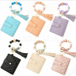 Fashion PU Leather Bracelet Wallet Keychain Party Favour Tassels Bangle Key Ring Holder Card Bag Silicone Beaded Wristlet Keychains Handbag DE955