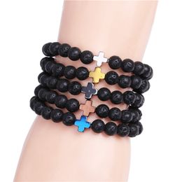 Black Lava Stone Beads Hematite Cross Bracelet DIY Essential Oil Diffuser Bracelet Stretch Jewelry for women men