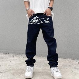 Men's Jeans High Street Men Flying Dog Print Straight Loose Casual Denim Pant Vintage Harajuku Washed Trousers Hip Hop Street239P