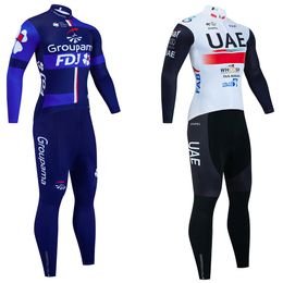 Cycling Jersey Sets 2024 FDJ Cycling JERSEY Bibs Pants Suit Men Women Ropa Clclismo UAE Team Winter Thermal Fleece Bike Maillot JACKET Clothing 240314