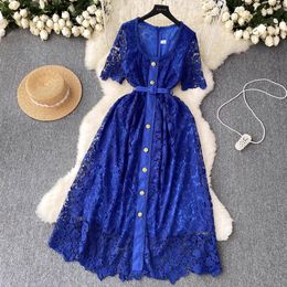 Basic Casual Dresses Summer Runway Blue Pink Black Water Soluble Lace Flower Embroidery Dress Women's Square Collar Hollow Ou252e