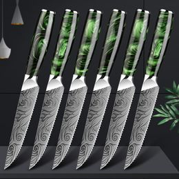 Steak Knife Set Kitchen Knives Serrated Stainless Steel Laser Pattern Steak Knife Western Food Knives Green Resin Handle