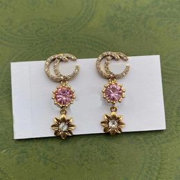 Luxury Designer Long Dangle Chandelier Earrings Girls Pink Diamond flower shape Drop Earrings332P