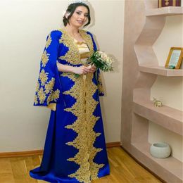 Королевские синие платья-кафтаны Абая с золотыми кружевными аппликациями Турецкое платье Vestidos De Novia с длинными рукавами Марокканское мусульманское вечернее платье 326 326