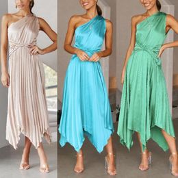 Casual Dresses Solid Folding Big Swing Dress Women One Shoulder Sleeve Pleated Long 2023 Summer Beach Vacation Vestidos Clothing