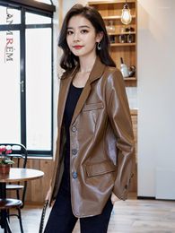 Women's Leather LANMREM Fashion PU Blazer Women Notched Collar Single Breasted Slim Solid Colour Coat 2023 Autumn Clothing 22468