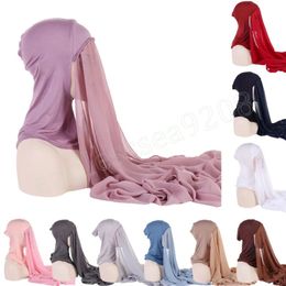 Plain Chiffon Instant Hijab With Modal Inner Cap Jersey Cotton Hijabs Woman Veil Muslim Soft Islamic Scarf Cover Bonnet Headband