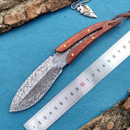 High Hardness Feather Printing Fixed Blade Knife Stainless Steel Wood Handle Hunting Knife Outdoor Cutlery