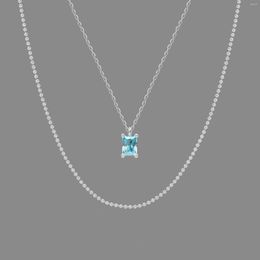 Pendant Necklaces RHYSONG Layered Beads Chain Sea Blue Cubic Zirconia Square Stylish Women Necklace Stainless Steel Silver Colour Jewellery