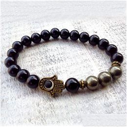 Beaded Sn0591 New Design Pyrite Hamsa Bracelet Fatima Hand For Men Onyx And Jewellery Drop Delivery Bracelets Dhgarden Dhc7B