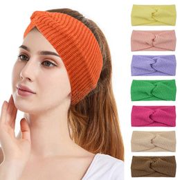 Moda de malha cruz larga bandana hairband inverno estiramento lã elástica cabeça envoltório cor sólida turbante acessórios para o cabelo feminino