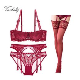 Bras Sets Varsbaby Sexy Lace 1 2 Cup Push Up Lingerie Set Bra panties garter stockings 4 Pcs ABCD251R