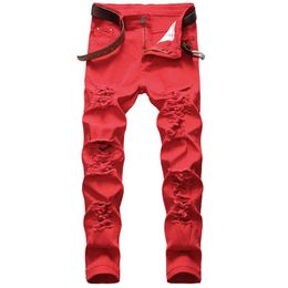 Denim Jeans Men Slim Pants Mens Denim Trousers Zipper Red Hole Pencil Pants Jeans for Man Straight Full Length244E