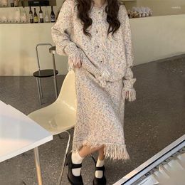 Two Piece Dress French Vintage Women's Colorful Tassel Coat Skirts Set Autumn Y2K Girls Knit Cardigan Tops High Waist Long Skirt Suit