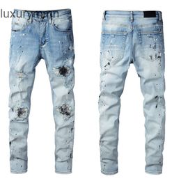 Denim Amiryes Jeans Designer Pants Man Mens Jean 820 fashion denim casual pants micro elastic cotton youth light blue paint splash hole patch jeans S4VR