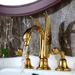 TI-Gold 3 Holes 8 widespread swan sink faucet basin tap swan handles NEW deck mounted329a