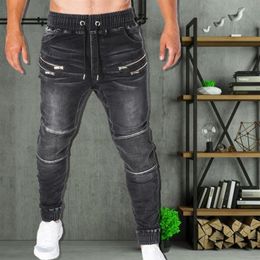 Men's Jeans Male Trousers Casual Pants Sweatpants Jogger Zipper Drawstring Pockets Fitness Workout Running Skinny221r