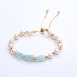 Natural Stone Aquamarine Pearl Loose Bead Bracelet Woven Adjustable Pillar Beaded Bracelets Jewellery for Women fashion