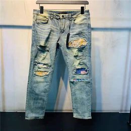 Designer Luxurys Mens Jeans Casual Embroidery Vintage Patchwork Pants Classic Applique Fashion Holes Motorcycle Biker Slim-leg Was265t