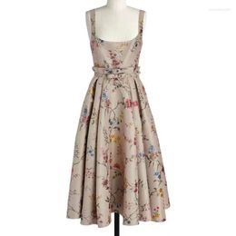 Casual Dresses 23SS France Printing Vest Dress Fashion Runway Square Collar Waist Holiday Style Temperament Women High Quality Clothe