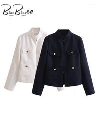 Women's Suits BlingBlingee 2023 Autumn Women Blazer Long Sleeve Buttons Hooks Closed Stand Collar Office Suit Jacket Coat Female Crop