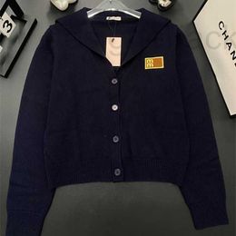 Women's Knits & Tees Designer Navy Collar Letter Emblem Knitted Long sleeved Cardigan Autumn Winter Fashionable Temperament Cashmere Top for Women