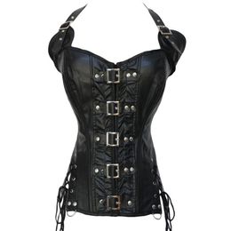 Women Steampunk Leather Corsets Lingerie Sexy Clubwear Gothic Buckles Halterneck PU Leather Black Bustier Corsets with Buckles and251B