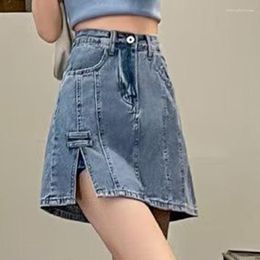 Skirts Denim Skirt Women's Retro High Waist Ins Tide Elastic Anti Stray A-line Shorts Slit Fitted Bust Wrap Tennis