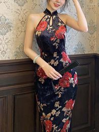 Ethnic Clothing 2023 Summer Chinese Style Qipao Youth Temperament Long Velvet Print Shoulder Cut Dress Women