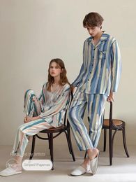 Women's Sleepwear Pajamas Spring And Autumn Pure Cotton Couple Striped Lapel Oil Painting Cardigan Men's Home Wear Suit Can Worn Outside