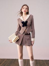 Two Piece Dress UNXX 2023 Spring Design Sailor Collar Belted Slimming Blazer Brown Pencil Skirt Set Girl Office Ladies Suit Fashionable