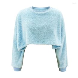 Women's Hoodies Spring/Autumn Crop Plush Short Oversized Pullover Casual Sexy Sweatshirt Solid Long Sleeve Round Neck Blue Fashion
