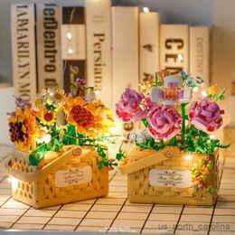 Blocks Potted Flower Basket Building Blocks Flower Bouquet Rose Sunflower with LED Light Home Decor Assembled Set Toys R230911