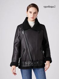 Women's Leather Lagabogy Winter Women Lambs Wool Parkas Zipper Jacket Warm Thick Outerwear Female Faux Lamb Moto Coat
