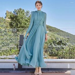 Casual Dresses Women Greek Style Long Dress Fashion Stand Collar Lantern Sleeve Flowing Overlength Elegant Holiday Chiffon