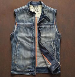 Men's Vests Autumn Cowboy Waistcoat Denim Biker Vest Fashion Blue Slim Vintage Sleeveless Jackets Stand Collar Zipper Tank Top 230909