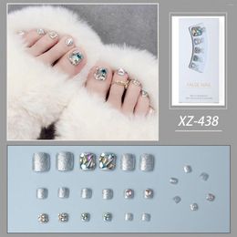 False Nails 24pcs Silver Shining Toenails With 3D Crystal Design French Toe Full Cover Wearable Glossy Press On