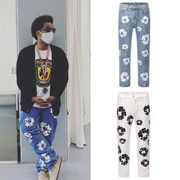 Flower Full Print Jeans High street Pants Oversized Streetwear Straight Casual Men and Women Denim Trousers304Y