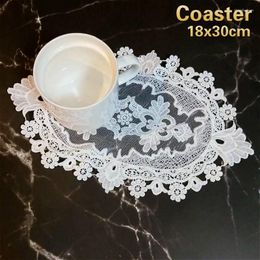 Table Mats British Style Lace Embroidered Oval White Placemat Bedroom Balcony Coffee Cup Wine Cover Cloth Banquet Party Decoration