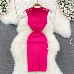 New fashion women's o-neck sleeveless buttons patched knitted bodycon tunic short dress solid Colour tank dress266V