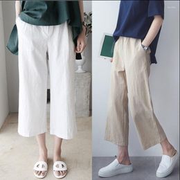 Women's Pants 2023 Summer Arts Style White Women Elastic Waist Loose Cotton Linen Wide Leg Quilted Pocket Vintage Trousers